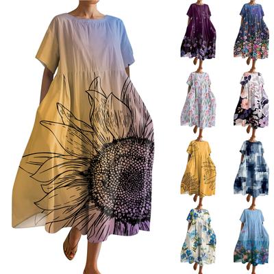 Women's Fashionable Print Round Neck Short Sleeved Loose Hem Pocket Dress
