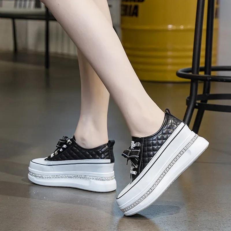 6cm Neue Echtes Leder Plateau Keilabsatz Schuhe Zapatos De Mujer Bling Vulkanisierte Klobige Sneaker Pumps Plateau Damenmode