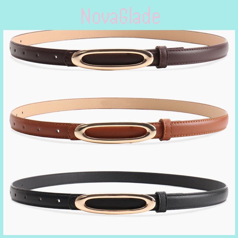 Minimalist Women Leather Belt With Elliptical Flat Buckle For Casual Dress And Jeans
