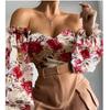Sexy Ladies Off-shoulder Tube Top Print Chiffon Shirts Casual Spring Summer Lantern Sleeves Pullover Elegant Office Slim Blouses
