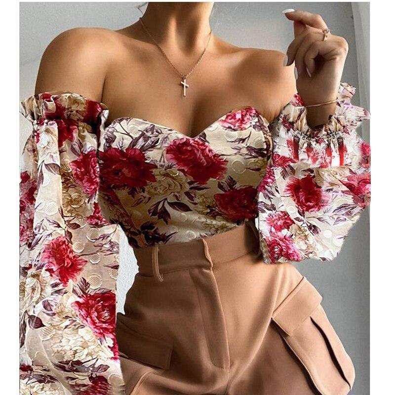 Sexy Ladies Off-shoulder Tube Top Print Chiffon Shirts Casual Spring Summer Lantern Sleeves Pullover Elegant Office Slim Blouses