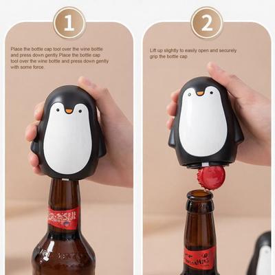 2Pcs Cute Penguin Bottle Opener, Push Down Beer Cap Remover with Magnet, One Touch Lever Tool for Soda Drinks, Kitchen Bar Gadget