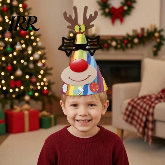 Snowman Party Hat Christmas for Kids Adults, Tree Reindeer Santa Detachable Sticker Paper Cone Birthday Supplies