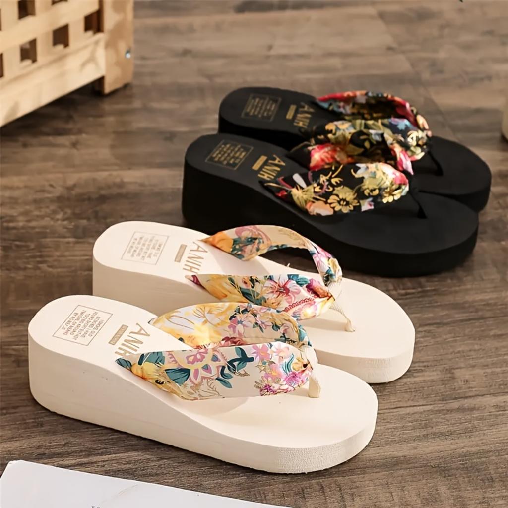 Ladies' Floral Printed Wedge Sandals - Fashionable One Foot Beach Slippers with Soft EVA Sole and Vibrant Floral Design