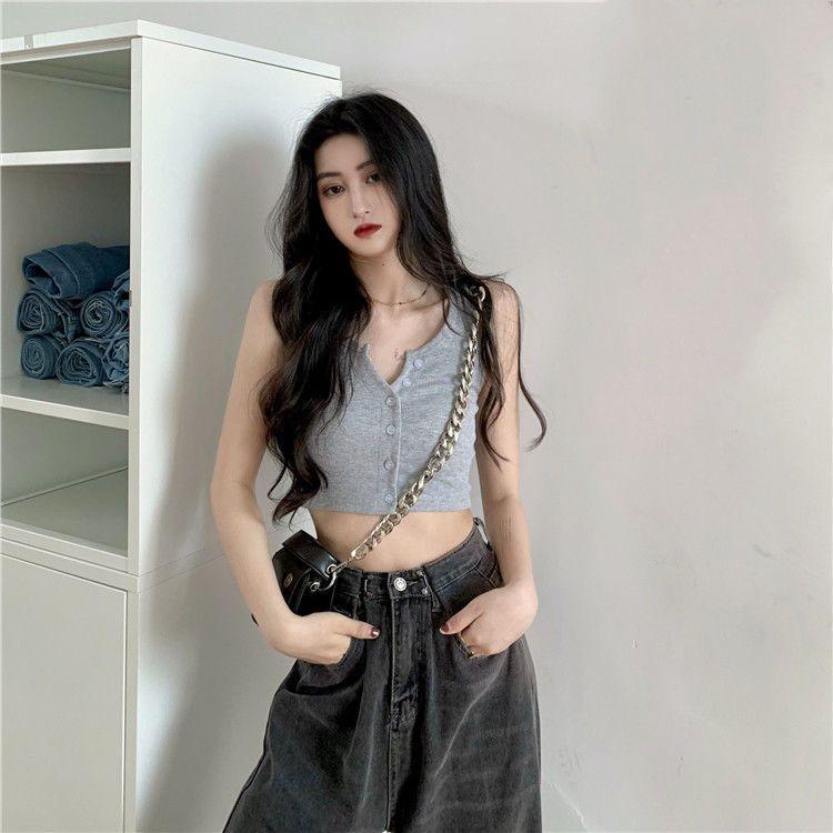 Solid Women's Vest Button Sexy Tops Sleeveless Black White Fashion Lady Tees