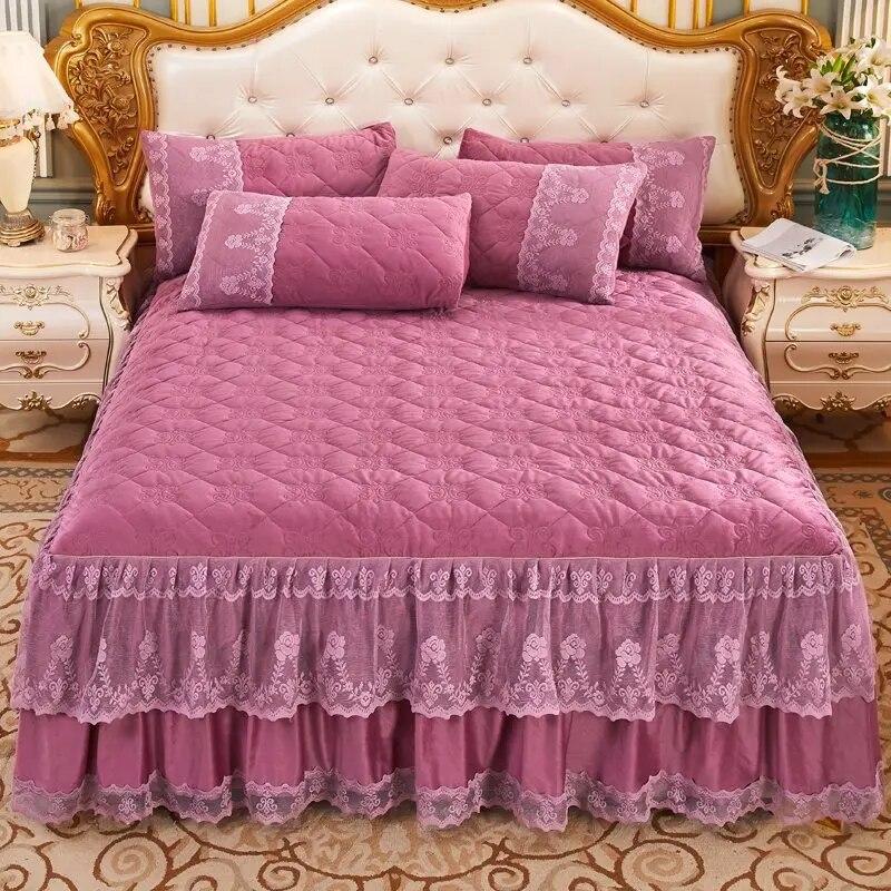 Luxusní tlusté plyšové prošívané přehozy jednobarevné Queen King Size Princess křišťálově sametová krajková sukně postele není součástí povlaku na polštář