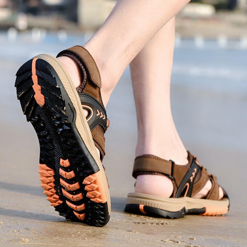 Fashion Golden Sapling Outdoor Men's Sandals Genuine Leather Flats Retro Mountain Trekking Footwear Classics Summer Beach Shoes for Men