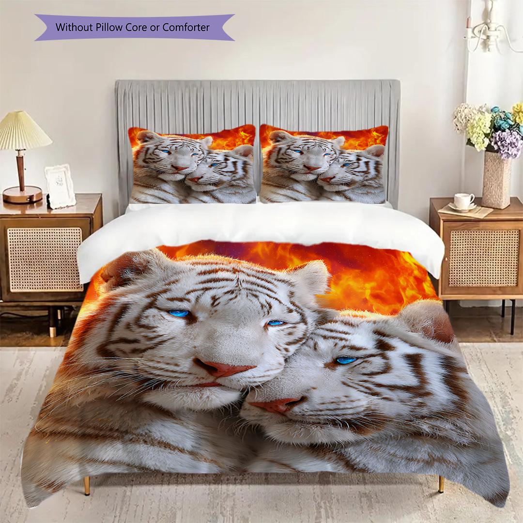 

White Tiger Pattern Bedding Quilt Set Quilt Cover Pillowcase Home Decoration Birthday Gift (1 * duvet cover + 2 * pillowcase, without core) 135x200cm