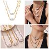 Stainless Steel Geometric Pendant Necklace With Zircon Stone Freshwater Pearl Texture Chain Women