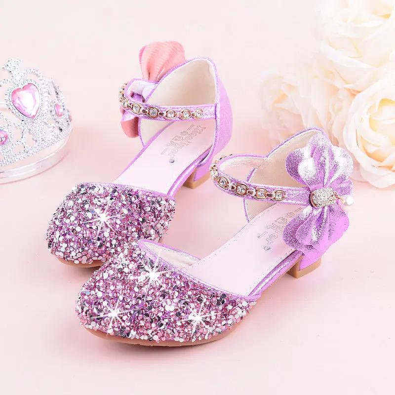 Children Clothing Yulin-001 Girls Purple/Pink/Silver Bow-Knot Princess Shoes With High-Heeled, Kids Glitter Dance Performance Summer Shoes, & 26-38 Cm