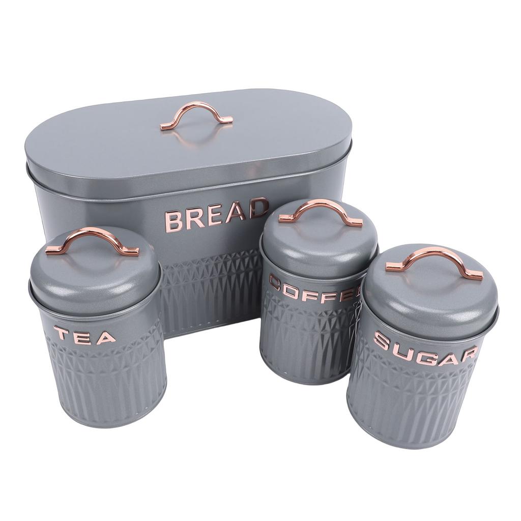 Set da 4 pezzi: Porta pane e barattoli in ferro per cucina, Caffè, Tè, Zucchero, Porta pane in metallo per piano di lavoro
