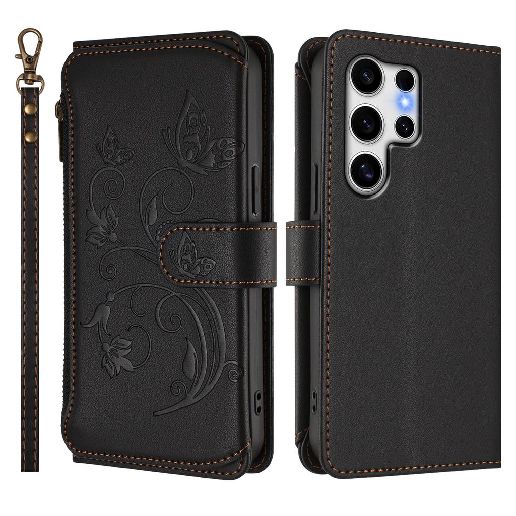 For Samsung Galaxy S25 Ultra Leather Case Butterfly Floral Imprint Zipper Wallet Stand Cover with Wrist Strap