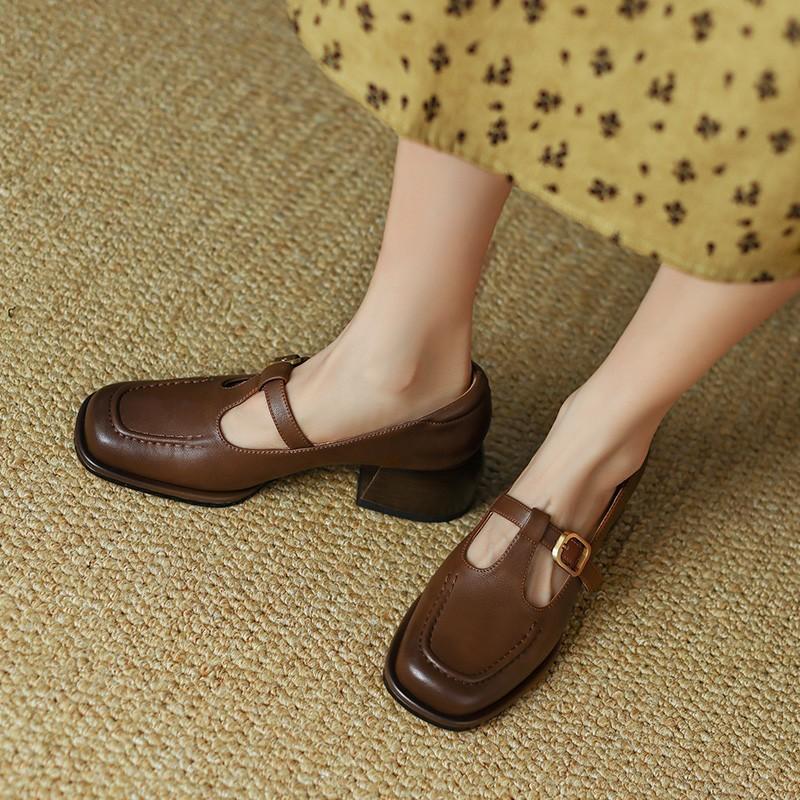 2026 Lente Nieuwe Dames Schoenen Bruine T-band Leer Schoenen Dames Pumps Dames Hoge Hak Schoenen Ronde Neus Retro Schoenen Vrouw Casual
