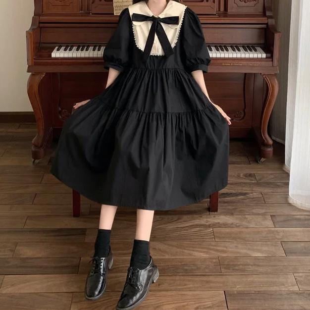 Tatlı Lolita Elbise Kadın Kawaii Zarif Vintage Elbiseler Bahar Tatlı Sevimli Puf Kollu Tiki Tarzı Sundress Moda Elbise