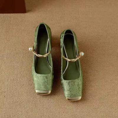 2024 Mary Jane High Heels Women's 2024 New Spring/Summer New Vintage Print Elegant Thick Heels Shallow Mouth Square Head Single Shoes