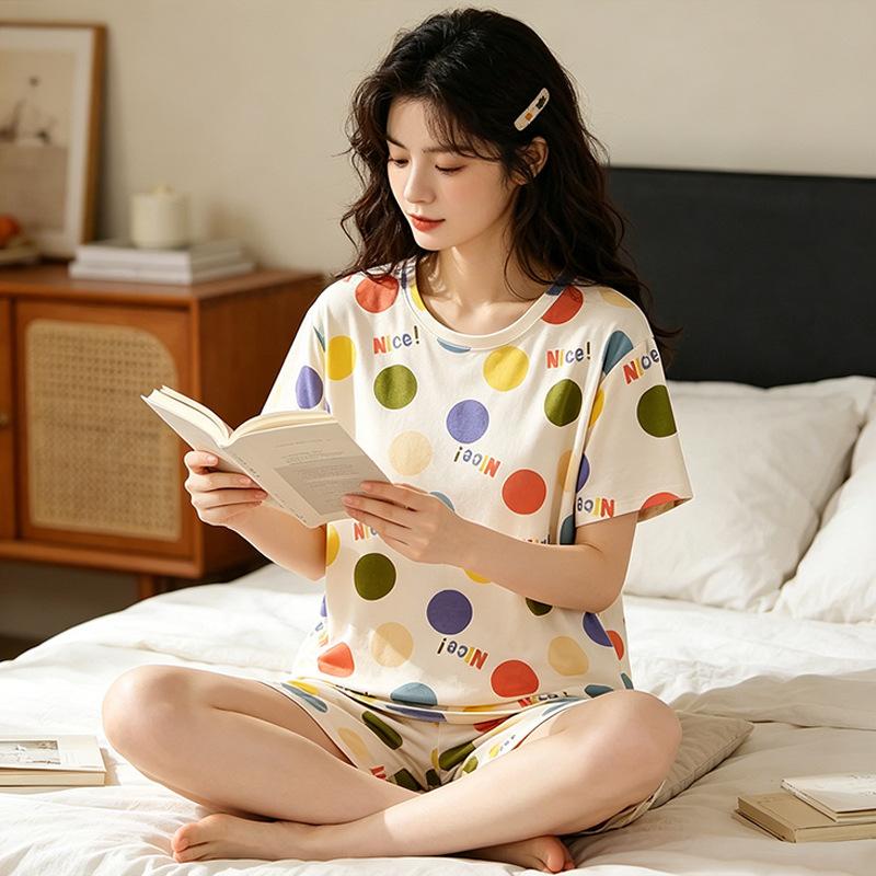 Summer Sweet Age-reducing Colored Spotted Pajamas Women's Round Neck Short-sleeved Three-piece Casual Large-size Women's Loungewear