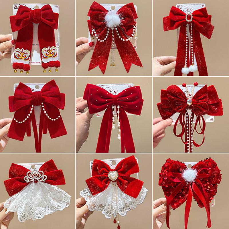Rote Schleife Band Haar Clip Jahr Haarnadel Kawaii Haar Zubehör Für Frauen Mädchen Frühling Festival Haar Ornament