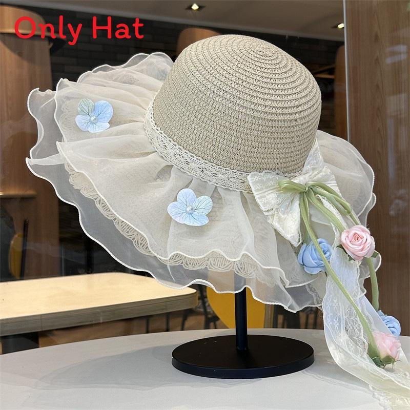 Summer Straw Hat For Women With Lace Bow Sun Protection Beach Vacation