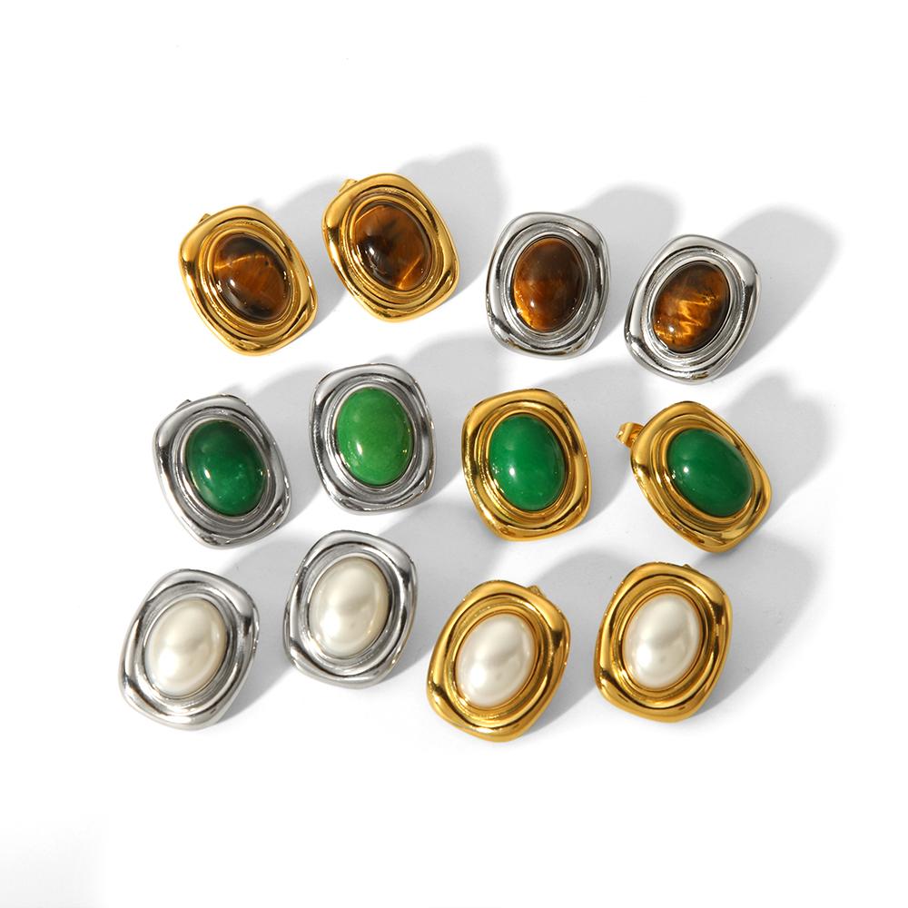Nouveaux Produits Déclaration Pierre Naturelle Boucles d'Oreilles Œil de Tigre Imperméables Acier Inoxydable Plaqué Or Boucles d'Oreilles Clous Perle pour Femmes