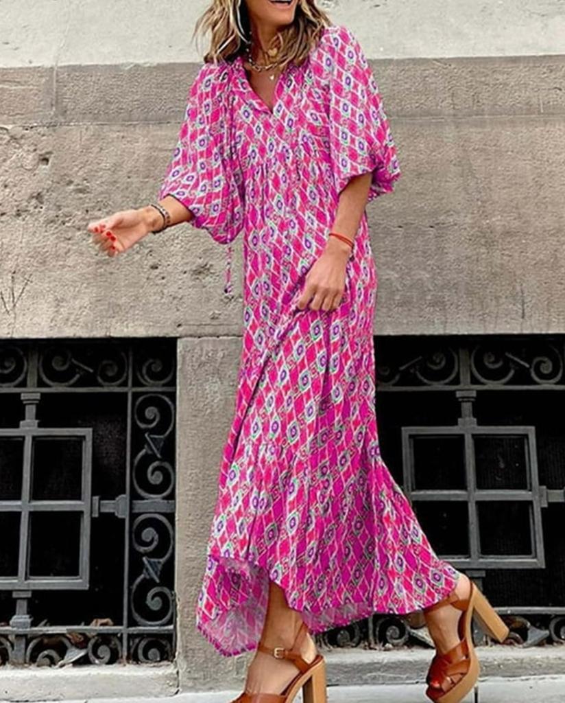 Dámské letní plážové šaty s květinovým potiskem Bohémské dlouhé šaty s volným výstřihem do V