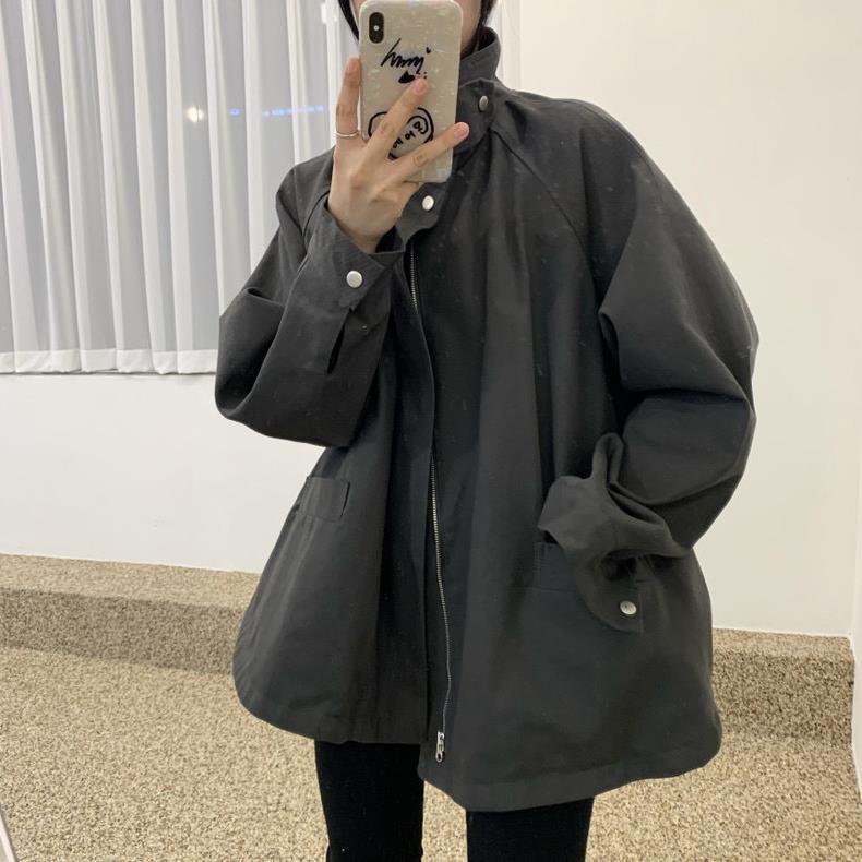 Korean chic autumn niche retro stand-up collar cape design big pocket loose versatile long-sleeved trench coat women