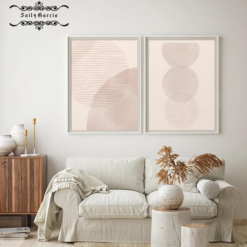 Abstract Circle Line Poster Modern Mid Century Canvas Painting Boho Geometric Wall Art Print Picture for Living Room Home Decor