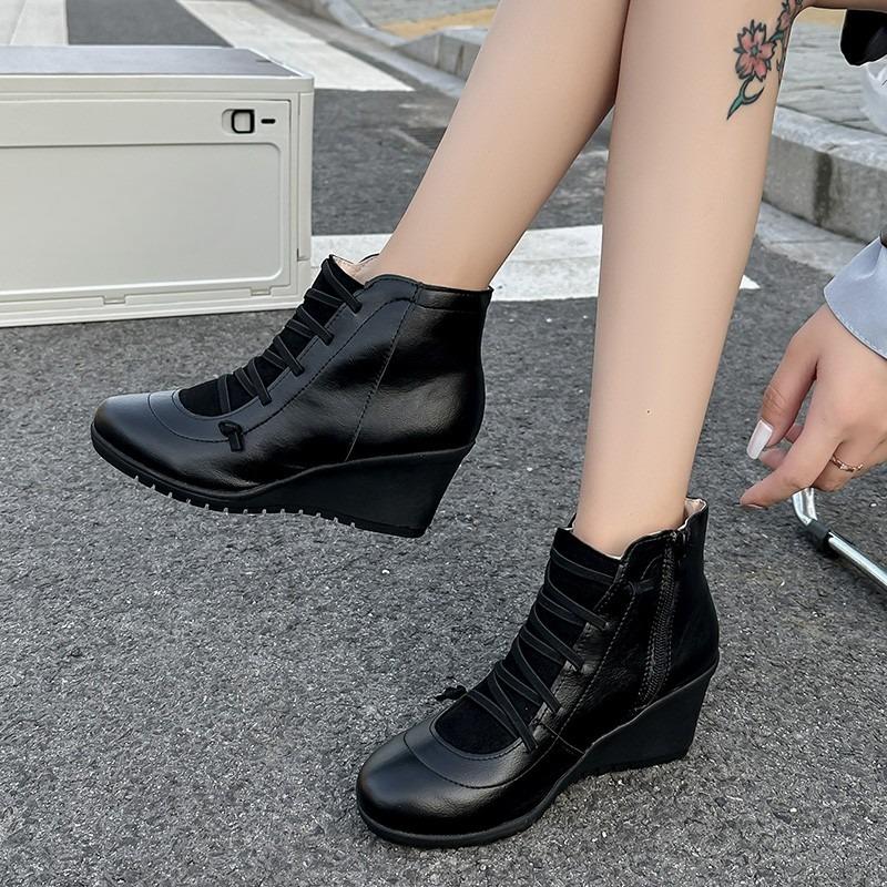 Fashion Wedge Heel Boots Autumn New Round Toe Front Lace-Up Side Zipper Soft Sole Anti-Slip Wear-Resistant Single Boots