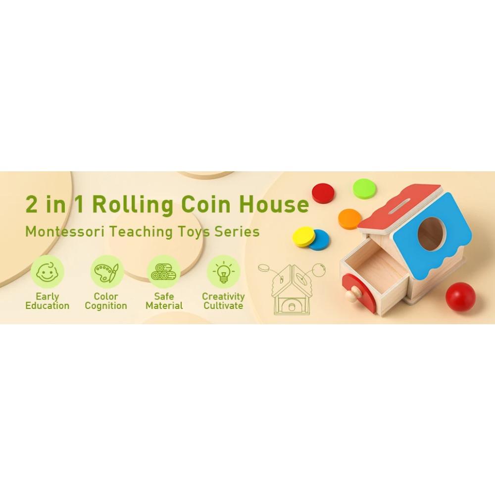 Montessori Coin Box Toys Object Permanent 2-in-1 Wooden Ball Drop Games & Wooden Puzzle Double Drawers Toys Gifts for Toddler
