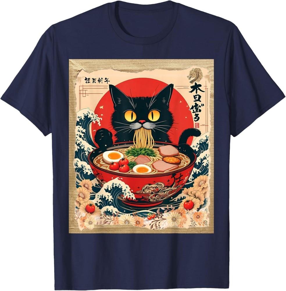 

Cat Eating Ramen Noodles Funny Japanese Kawaii Cat Anime Unisex T-Shirt M