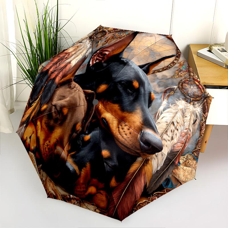 Retro Dog  Pattern, Automatic Folding Umbrella, Portable and Foldable Design, 8 Ribs, a Christmas or Birthday Gift.