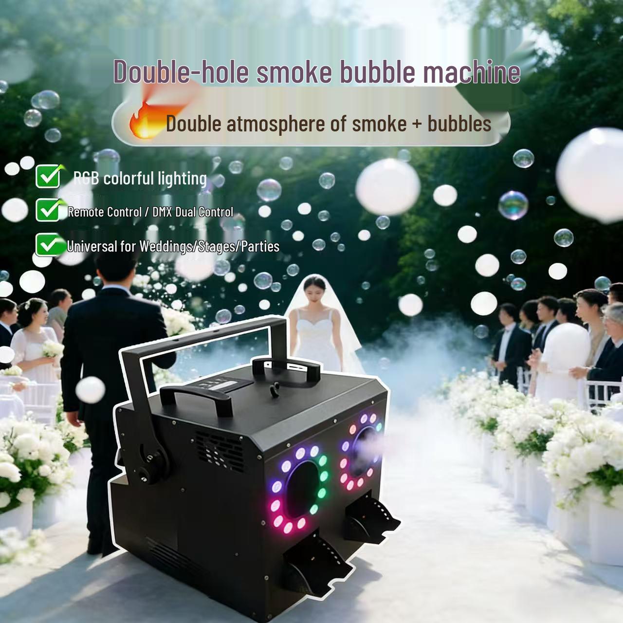 

LED Smoke Bubble Machine with Dual Nozzles for Stage, Wedding, and Event Celebrations Double Wheel Smoke Bubble Machine