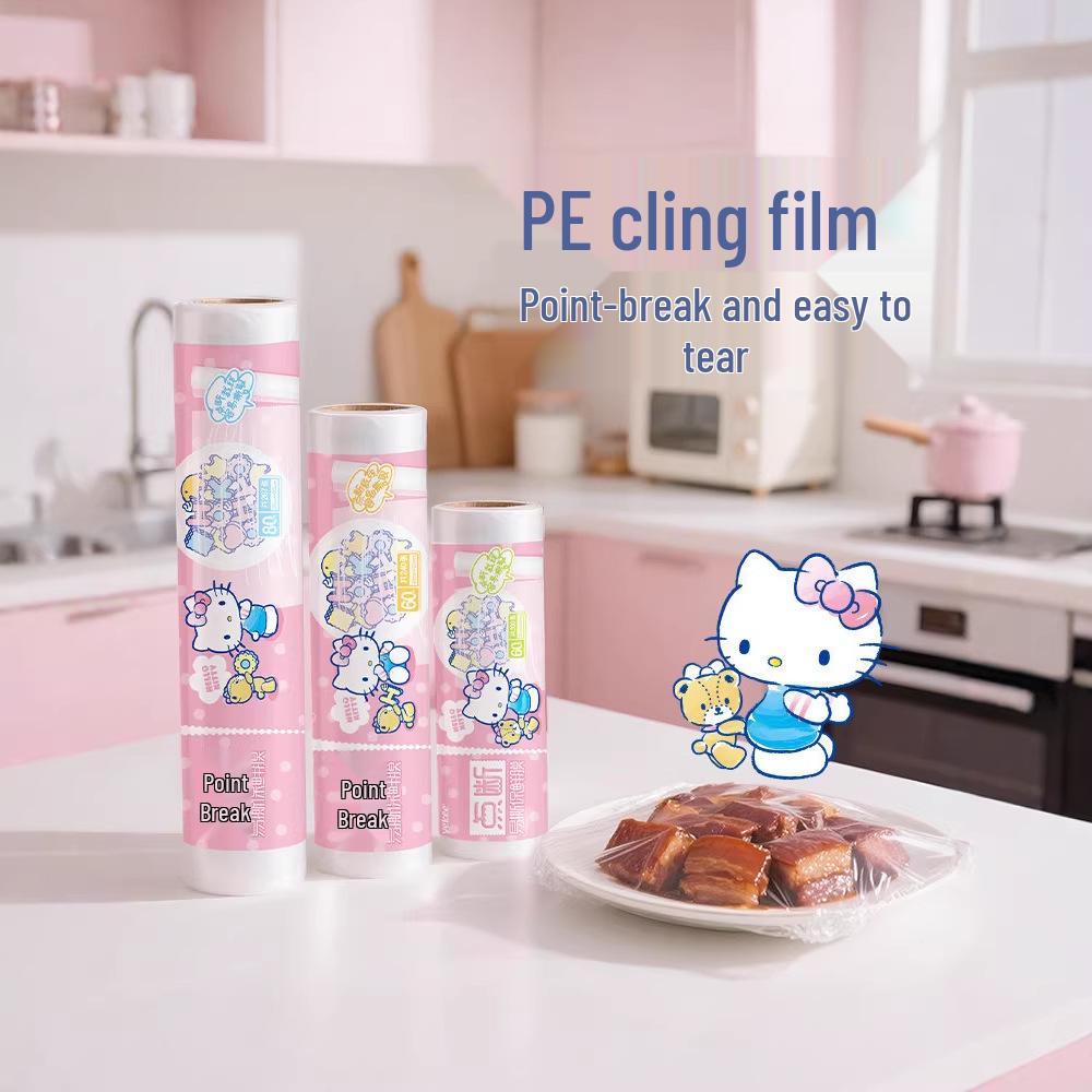 Hello Kitty PE Cling Film: Economical, Tear-Off Roll for Kitchen & Microwave Use - No Knife Needed, Small Size.