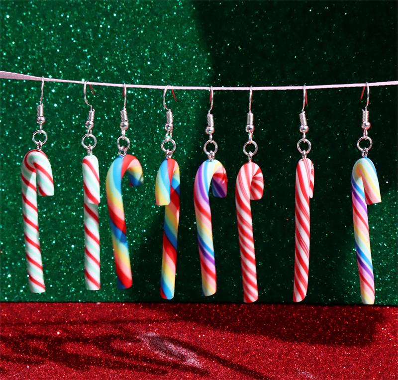 Sweet Colorful Stripes Candy Cane Earrings for Women Simple Christmas Candy Hook Earrings New Year Festive Party Jewelry Gifts