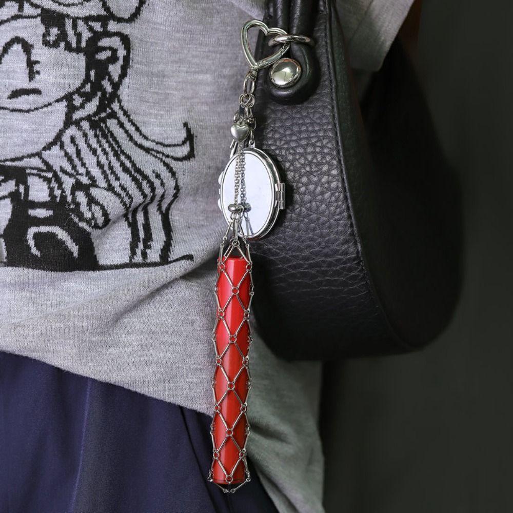 Portable Metal Net Lipstick Bag Silver Mini Lip Balm Bag Keychain with Mirror Universal Lipstick Cover Keychains Home