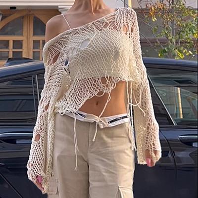 Suéter de Mujer de Punto Grunge con Cuello Barco Blanco, Roto con Agujeros, Top Corto de Punto, Harajuku Calado Sexy para Verano