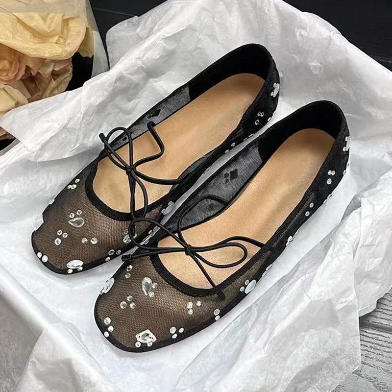 

Модные Удобные Дышащие Сетчатые Балетки Женские Роскошные Украшения из Кристаллов Туфли Мэри Джейн Элегантные Легкие Мягкая Подошва Повседневная Обувь 35 чёрный
