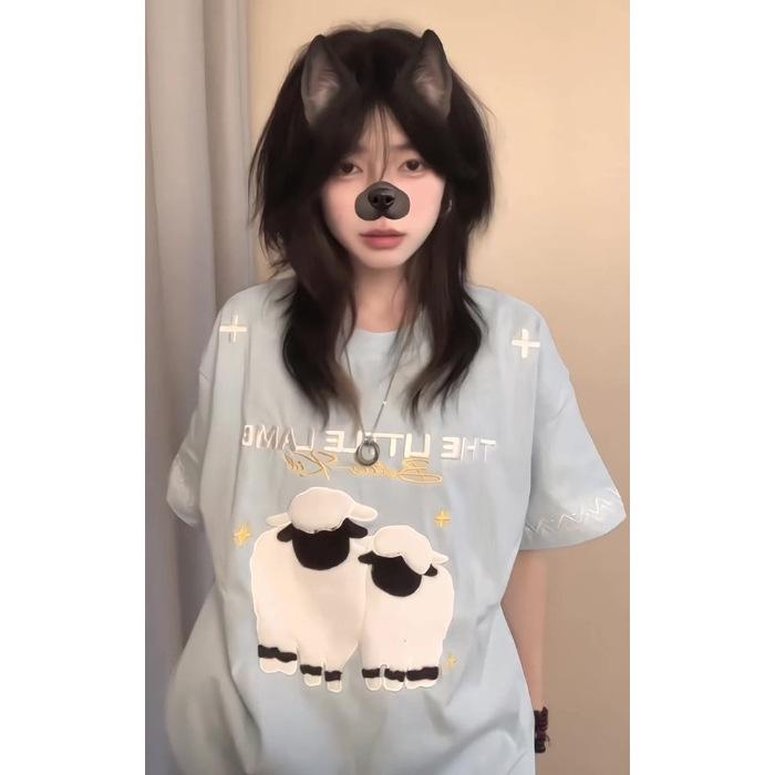 

Унисекс Летняя Хлопковая Футболка в Стиле Хип-Хоп с Вышивкой Ягненка L синий