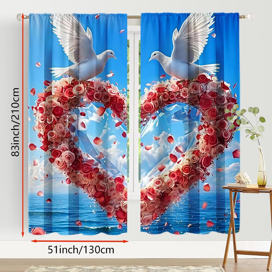 2PCS blue background   red rose   white dove curtains   romantic and festive   bedroom and living room   drawbar pocket style