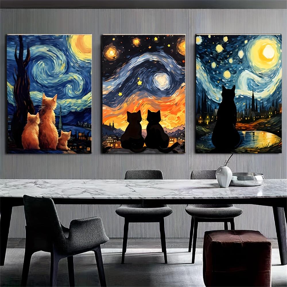 3 Stück ungerahmte Leinwand Kunstdrucke - Van Gogh Sternennacht & Schwarze Katze Moderne Tier Wanddekoration für Schlafzimmer, Wohnzimmer, Home Office