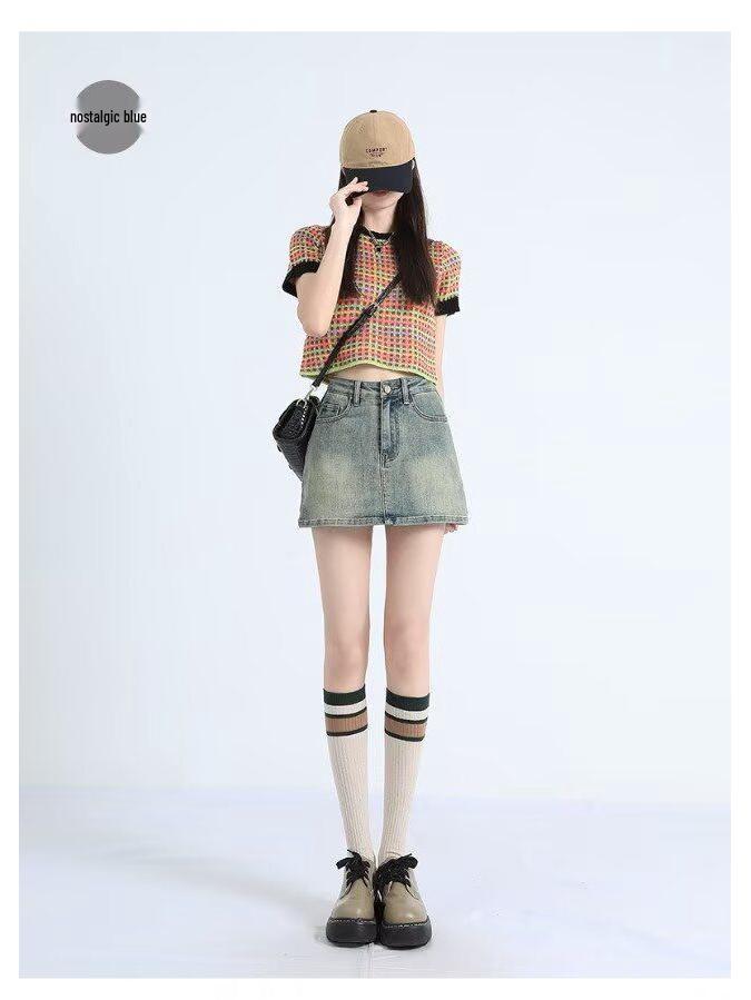 2025 Summer High-Waisted Distressed Denim Skort with Anti-Exposure Feature