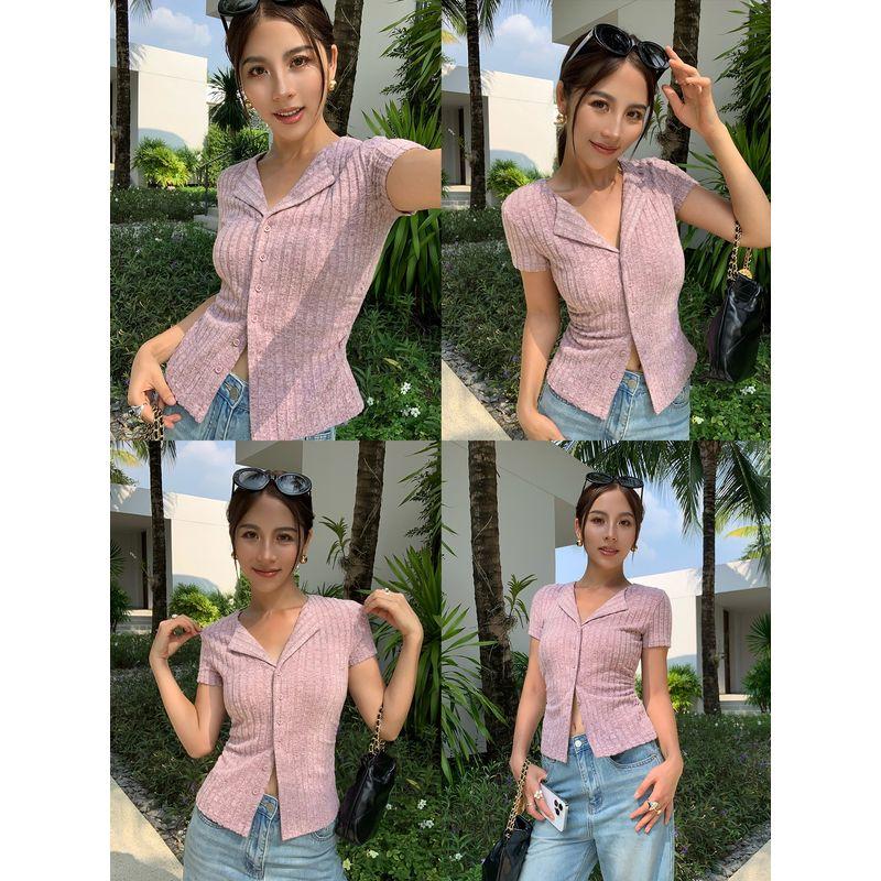 

Neva Silm Summer Peter Pan Collar Short Sleeve Knitting Tops Lotus root starch In Stock S