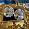 Round White Sea Shell Relief Flower Stud Earrings, Retro Classic Court Style Vintage Copper Plated With Sand Gold New Chinese Style