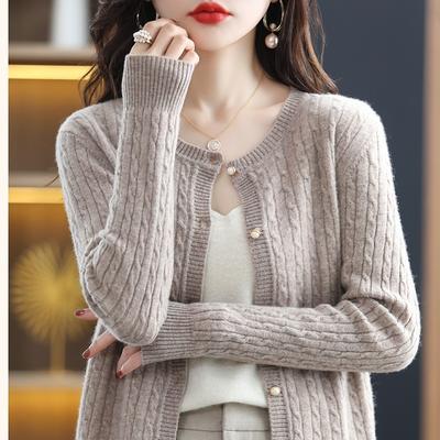 Spring and Autumn Cardigan Women's Crew Neck Twist Knitted Loose Versatile Solid Color Breasted Sweater Jacket