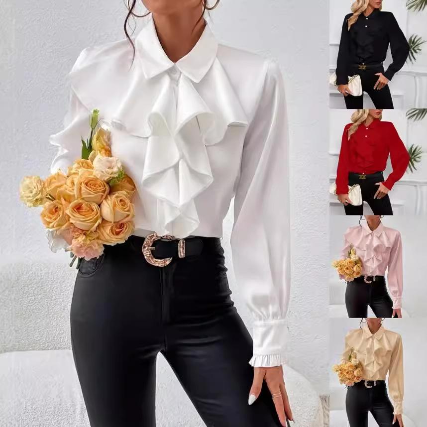 Frühling Herbst Hemden Mode Weiß Rüschen Elegant Bluse Oberteile Damen Langarm Revers Damenhemd Einfarbig Büro Damen Oberteile