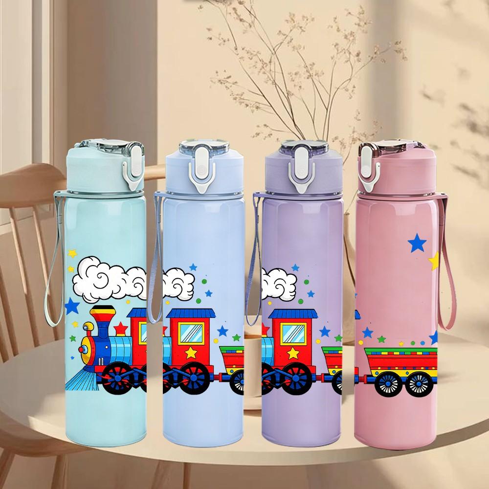 1PC Colorful Toy Train Print 750ml Color Plastic Sports Water Bottle Leakproof Flip Straw Lid Suitable for Sports Office Home Use
