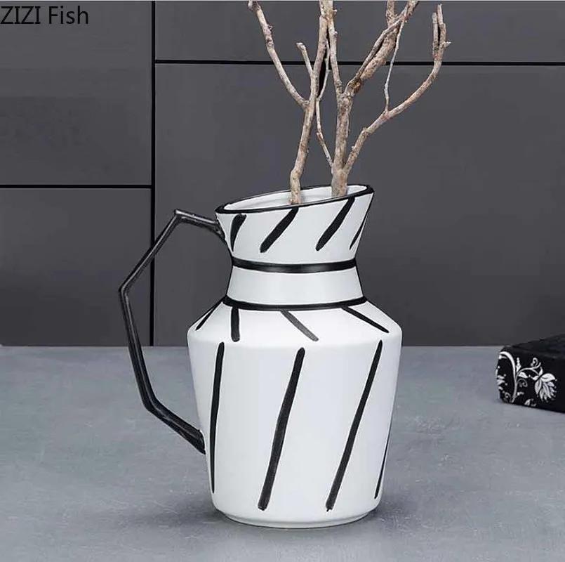 Classic Black and White Striped Ceramic Vase TV Cabinet Porch Furnishings Crafts Countertop Hydroponic Vase Home Decoration Gift