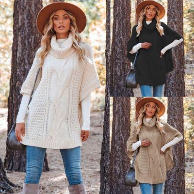 Șal Tricotat cu Gât Înalt Croșetat Model Răsucit Tip Gogoși Fierte Pulover Larg cu Mâneci Scurte pentru Femei Tricotaje Groase Călduroase Casual Toamnă și Iarnă