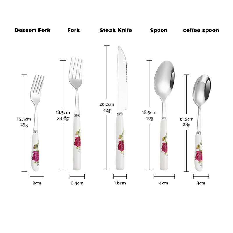 Ceramic Handle Tableware Set Stainless Steel Cutlery Set Steak Knife Fork Coffee Spoon Dessert Dinnerware Rose Flowers Pattern