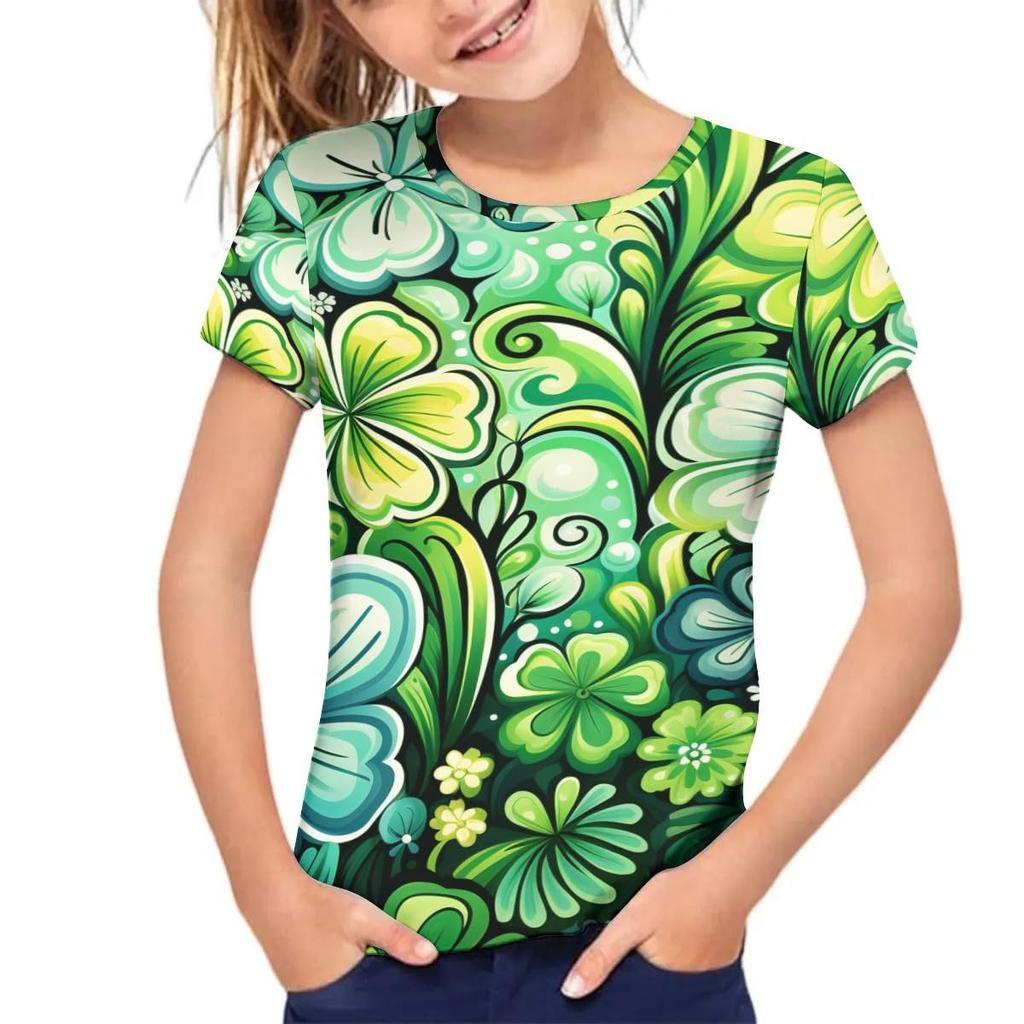 Kids T-shirt 3d Print Children's T-shirt Short Sleeved Loose Girls' Top 3D Fresh Clover T-shirt