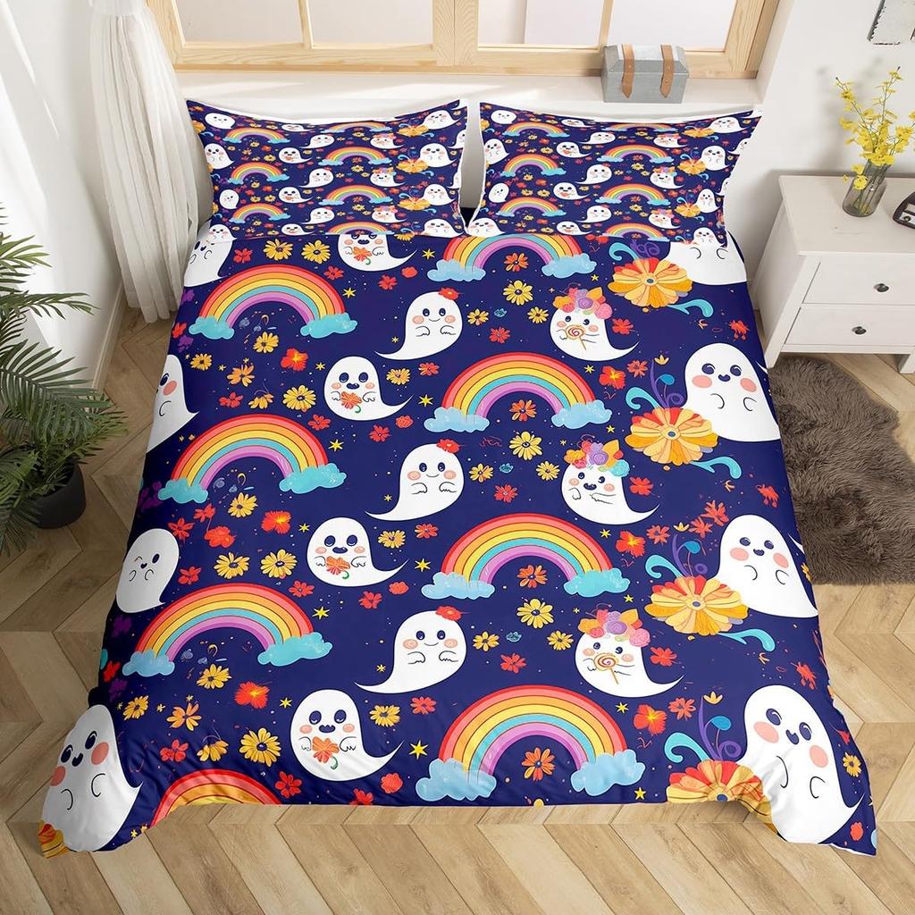 Cartoon Ghost Duvet Cover Twin Queen Happy Halloween Bedding Set Orange Pumpkin Flowers Rustic Comforter Cover with 2 Pillowcase